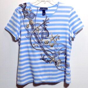 Karen Scott Women’s Blue and White Striped Short Sleeve Top with Nautical Design